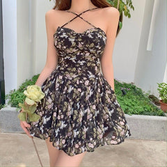 Bella Sexy Strap Dress Women Elegant Floral Vintage Boho Chiffon Dresses Casual V-neck Beach Backless Party Dress Summer 2022