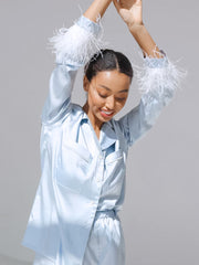 Lizakosht  Feathers Pajamas Women 2 Piece Set Long Sleeve Turn Down Collar Top Pockets Autumn Casual Night Suits With Shorts Satin