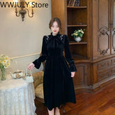 Velvet One Piece Dress Korean Fashion Long Sleeve Black Y2k Midi Dress Evening Party Kawaii Clothing 2022 Vintage Elegant Dress