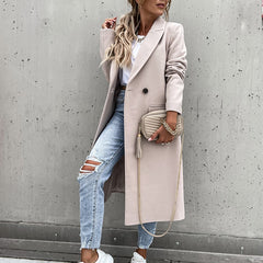 New Fashion Elegant Women Long Overcoat Autumn Winter Turn-Down Collar Woolen Coat Tops Office Lady Casual Loose Outwear