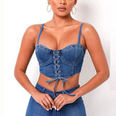 High Quality 2022 Summer Top Sexy Blue Bodycon Crop Top Lace Up Denim Top Short Vest Camisole Removeable Strap