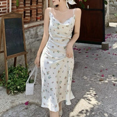 NEW Summer French Vintage Floral Dress Women Sdesign Sleeveless Elegant Midi Dress Korean Style Evening Party Dress Females
