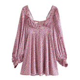 Lizakosht Spring Women Vintage Floral Print Mini Dress Sweet Ruffle Sexy Collar Puff Sleeve Dress Ladies Prairie Chic Vestido