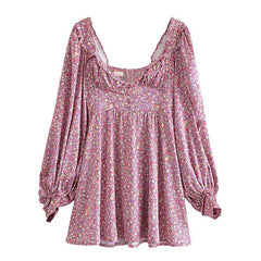 Lizakosht Spring Women Vintage Floral Print Mini Dress Sweet Ruffle Sexy Collar Puff Sleeve Dress Ladies Prairie Chic Vestido