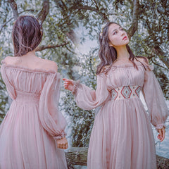 Brand New Women Fashion Dress Off Shoulder Lantern Sleeve Chiffon Long Dress Embroidery High Waist Boho Dress Vestidos