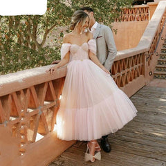 SoDigne Pink Dot Tulle Prom Dress 2021 Sweetheart Short Sleeves Evening Dresses Tea-Length A-Line Party Gowns For Women