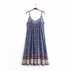 Lizakosht Vintage Women Floral Print Sleeveless Beach Bohemian Strap Dresses Ladies Summer Rayon Boho Midi Dress Vestidos