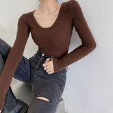 All-match T-shirt 2022 autumn and winter round neck solid color bottoming shirt sexy clavicle slim top fashion women's clothing