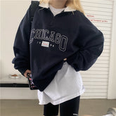 Dark Blue Letter Printing Zip Up Collar Sweatshirt Women Vintage Brand Fashion Oversized Loose Casual Streetwear New Long Sleeve