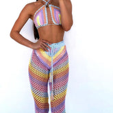 Elegant Colorful Knitted Crochet 2 Piece Set Women Summer Festival Stretch Top and Pants Beach Cover Up Swimwear Outfits