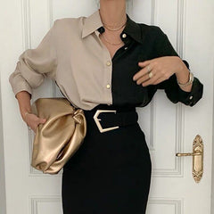HOUZHOU Vintage Elegant Chic Women Blouse Office Lady Long Sleeve Patchwork Oversize Shirt Korean Style Loose Casual Top Female