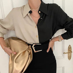 HOUZHOU Vintage Elegant Chic Women Blouse Office Lady Long Sleeve Patchwork Oversize Shirt Korean Style Loose Casual Top Female