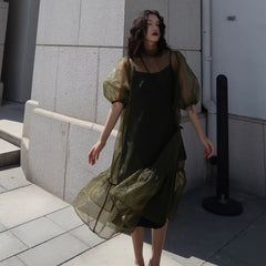Lizakosht - Vintage High Street Midi Dress Women Loose Puff Sleeve Fairy Korean Party Dress Female Streetwear Casual Y2k Dress Summer