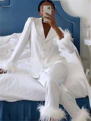 Lizakosht  2022 Casual Two Piece Pants Set For Women Black Fleece Fur Long Sleeve Top Shirt And Pantsuit Ladies Fashion Party Suit