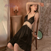 New French Long Nightdress Women Sleepwear Satin Lace Perspective Suspender Night Dress Princes Sleeping Dress Home Clothes