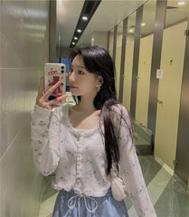 Women Cardigan Sweet Crop Top Design Patchwork Lace Floral Gentle Students All-match Retro Single Breasted Korean Style Chic Ins