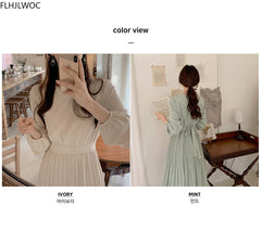 Women Autumn Fall New Arrivals Design Elegant Retro Vintage Korean Style Solid Long Dress