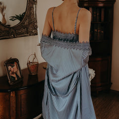 Lizakosht Women Pajamas Set Satin 4PCS Sleepwear Bathrobe Striped Nightwear With Lace Soft Intimate Lingerie Casual Homewear