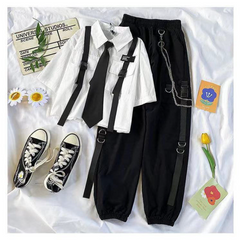 Lizakosht Autumn Streetwear Pants High-Waist Straight Ribbon Cargo Pants Student Loose Short-Sleeved Shirt with Tie two-piece Set