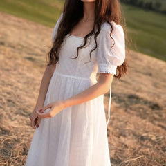 Elegant Embroidery Lace Dress Vintage White Summer Women Dresses Puff Sleeve Bandage Ladies Party Woman Dress Vestidos
