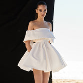 Lizakosht Slash Neck Summer Party Dress Women High Waist Mini Dress Plus Size White Elegant Luxury Evening Zipper A-Line Office C864