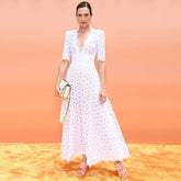 Lizakosht white gown dress women cotton hollow out V-neck elegant maxi ladies dress chic short sleeve summer dress new