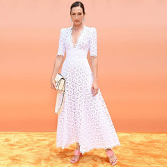 Lizakosht  white gown dress women cotton hollow out V-neck elegant maxi ladies dress chic short sleeve summer dress new