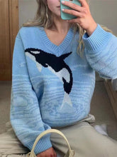 Vintage Y2K Loose Pullovers V-neck Autumn Aesthetic 2000s Knitwear Harajuku Print Blue Sweaters Cute Casual Streetwear