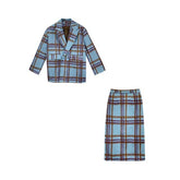 Autumn Winter Female Fashion Casual Warm Plaid 2 Piece Set Vintage Long-sleeve Minimalist Woolen Top Overcoat+Mid Skirt