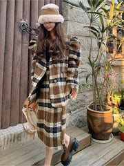 Autumn Winter Female Fashion Casual Warm Plaid 2 Piece Set Vintage Long-sleeve Minimalist Woolen Top Overcoat+Mid Skirt