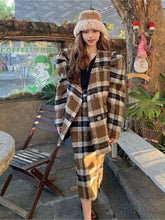 Autumn Winter Female Fashion Casual Warm Plaid 2 Piece Set Vintage Long-sleeve Minimalist Woolen Top Overcoat+Mid Skirt