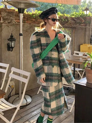 Autumn Winter Female Fashion Casual Warm Plaid 2 Piece Set Vintage Long-sleeve Minimalist Woolen Top Overcoat+Mid Skirt