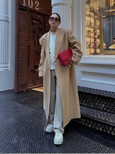 Lizakosht Khaki Elegant Lapel Woolen Long Coat For Women Long Sleeve Oversized Covered Button Pocket Windbreaker Lady Chic Spring Overcoat