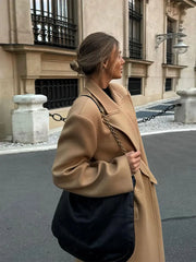 Lizakosht Khaki Elegant Lapel Woolen Long Coat For Women Long Sleeve Oversized Covered Button Pocket Windbreaker Lady Chic Spring Overcoat