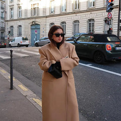 Lizakosht Khaki Elegant Lapel Woolen Long Coat For Women Long Sleeve Oversized Covered Button Pocket Windbreaker Lady Chic Spring Overcoat