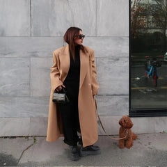 Lizakosht Khaki Elegant Lapel Woolen Long Coat For Women Long Sleeve Oversized Covered Button Pocket Windbreaker Lady Chic Spring Overcoat