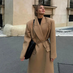 Lizakosht Khaki Elegant Lapel Woolen Long Coat For Women Long Sleeve Oversized Covered Button Pocket Windbreaker Lady Chic Spring Overcoat