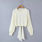 Lizakosht Knit Sexy Backless Lace Up Women Pullover Lantern Sleeve O-neck Loose Elegant Lady Sweater Autumn Chic Casual Crop Knitwear