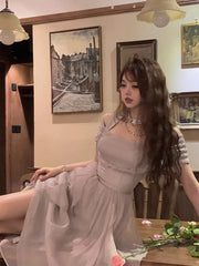 Lizakosht Korean Casual Midi Dress for Women New Summer Fashion Elegant Off The Shoulder Folds Ruffle Female Clothes Birthday Dress