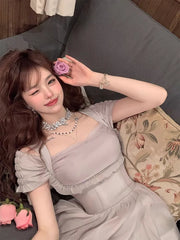Lizakosht Korean Casual Midi Dress for Women New Summer Fashion Elegant Off The Shoulder Folds Ruffle Female Clothes Birthday Dress