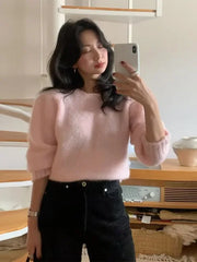 Lizakosht Korean Style Sweet Pink Knit Sweater For Women Casual Crew Neck Long Sleeve Pullover Female 2024 Fashion Elegant Street Sweaters