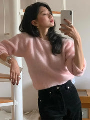 Lizakosht Korean Style Sweet Pink Knit Sweater For Women Casual Crew Neck Long Sleeve Pullover Female 2024 Fashion Elegant Street Sweaters