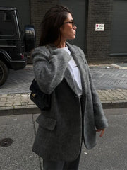 Lizakosht Loose Gray Woolen Pocket Women's Jacket Fashion V Neck Long Sleeve Blazer Coat Female Autumn Winter Chic Office Lady Streetwear