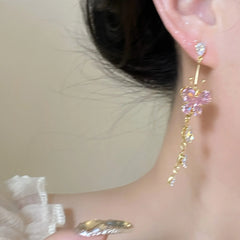 Lizakosht Fashion Sweet Pink Zirconia Butterfly Tassel Dangle Earrings For Women Girl Delicate Flower Long Pendientes Jewelry