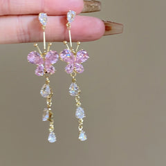 Lizakosht Fashion Sweet Pink Zirconia Butterfly Tassel Dangle Earrings For Women Girl Delicate Flower Long Pendientes Jewelry