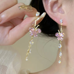 Lizakosht Fashion Sweet Pink Zirconia Butterfly Tassel Dangle Earrings For Women Girl Delicate Flower Long Pendientes Jewelry