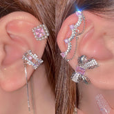 Lizakosht Korean Delicate Pink Crystal Bowknot Clip Earrings For Women Elegant Pearl Zircon No Piercing Cartilage Ear Jewelry