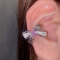 Lizakosht Korean Delicate Pink Crystal Bowknot Clip Earrings For Women Elegant Pearl Zircon No Piercing Cartilage Ear Jewelry