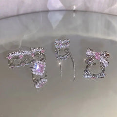 Lizakosht Korean Delicate Pink Crystal Bowknot Clip Earrings For Women Elegant Pearl Zircon No Piercing Cartilage Ear Jewelry