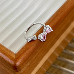 Lizakosht Korean Fashion Pink Bowknot Zircon Opening Ring For Women Luxury Sweet Index Finger Knuckle Rings Party Jewelry Gifts